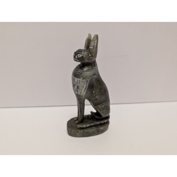 Hand-Carved Black Soapstone Egyptian Cat Figurine Hieroglyphic Detailing - Picture 9 of 10